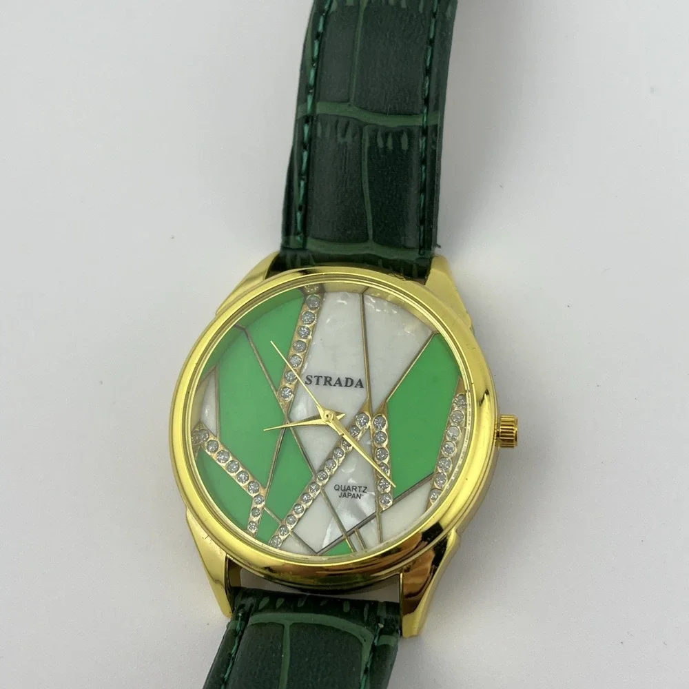 Strada Watch Women 40mm Gold‎ Case MOP Green Faux Leather Band- New Battery